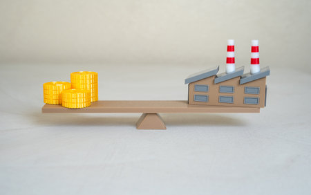 Valuation of a factory or industrial plant. Profit or tax revenue from industrial plant. Subsidies and financial assistance. Investments. Government funding, regional development, business assessment.の写真素材