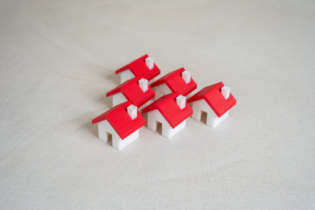 Group of houses. Housing, neighborhood and community of owners. Depicts housing density, suburban development, or communal living. Real estate trends, infrastructure, or local planning.の写真素材