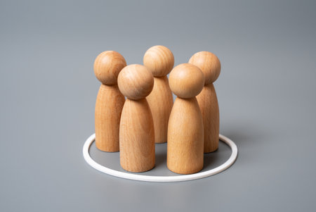 A group of human figures in a white circle. A selection of people. Recruitment, survey sampling, or...