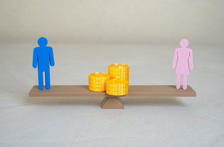 Financial equality between men and women. Income gap. Family budget. Wage disparities, budgeting roles within households, and gender pay gap in employment. Financial fairness and shared responsibilityの写真素材