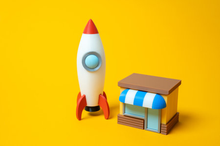 Store building and rocket. Advertising and targeting. Open a startup or your own business. Location marketing, entrepreneurial ventures. Store launches, hyperlocal promotion, new business models.の写真素材