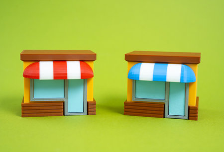 Two competing stores. Market competition, brand differentiation, and price wars. Consumer choice, neighborhood rivalry, and strategic marketing in retail sectors.の写真素材