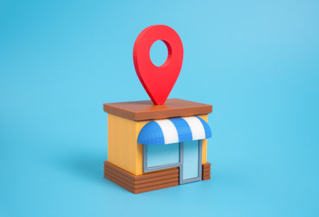 Shop with geolocation symbol on roof. Location pin button. Business location marketing, visibility on map platforms, and online-to-offline customer conversion. Modern retail discoveryの写真素材