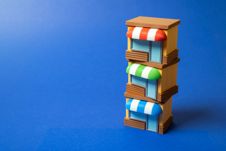 Tower of shops. Business and commerce. Shopping malls. Vertical business growth, urban commerce, or...