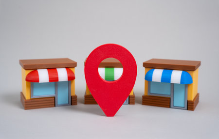 Competing stores and geolocation sign. High human traffic commercial locations. Advertising and...