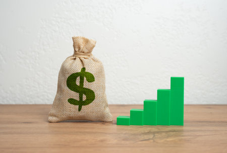 Dollar money bag and green growth chart. Economic expansion, successful investments, and upward...