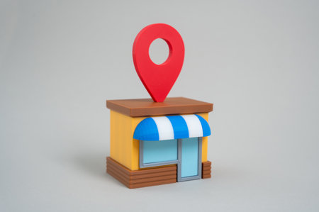 Geolocation pin symbol on the store. Advertising and attracting customers. Relevance of local...