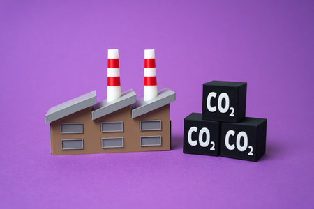Plant factory and CO2 cubes. Regulatory emission quotas. industrial emissions regulation. Sustainability quotas, compliance with environmental laws. Air pollution control strategies.の写真素材