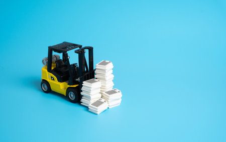 Forklift and tons of paperwork. High bureaucracy. administrative overload. Inefficient workflows. Government complexity, outdated processes. Excessive documentation burden.の写真素材