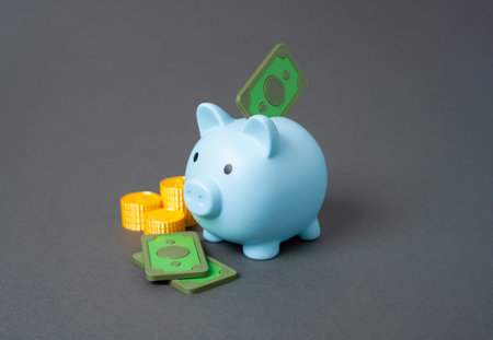 Piggy bank and money, minimalism. Savings and home budget. Invest savings. Budgeting habits. Money...