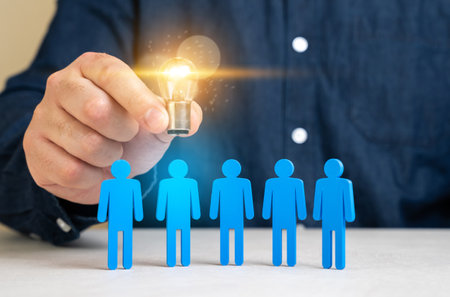 Find a talented employee. Listen to the idea. Team potential through skill recognition. Promotes open innovation culture. Nurtures leadership, and reinforces human capital as key to growth.の写真素材