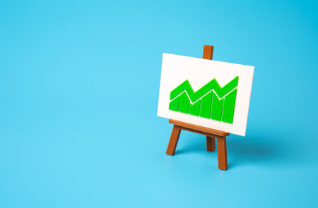 Green graph of growth of indicators. Growth of profit, sales or other favorable. Positive performance. Business expansion. Market confidence. Financial improvement. Growth outlook.の写真素材