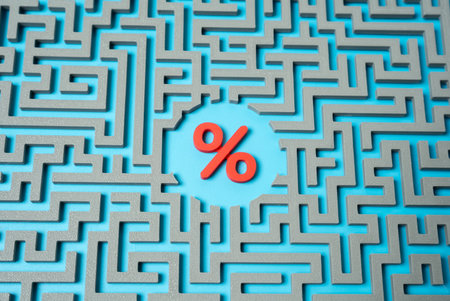 Find a way out of the debt hole. The percentage of debt in the center of the labyrinth. Difficult financial decisions. Risk of bankruptcy. Search for restructuring. Uncertainty of solutions.の写真素材