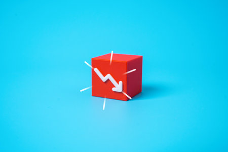 Red arrow down. Losses and income decline. Decrease in the indicator. Market downturn. Profit decrease. Recession threat. Crisis indicator. Stock market fall. Warning sign.の写真素材