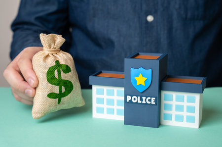 A man holds a dollar money bag near the police department building. Funding for law enforcement and law enforcement. Security budget. Public safety. Government spending. Security financing.の写真素材