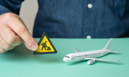 A man holds a construction or repair symbol near a passenger plane. Technical inspection. Aviation repair. Aircraft maintenance. Flight safety. Modernization projects. Service checks.の写真素材