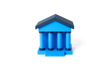 Bank building on a white background. Traditional institutions. Savings protection. Deposit services. Mortgage lending. Business accounts.の写真素材