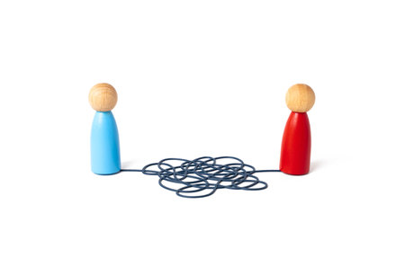 Tangled relationships between people. Negotiations and conflict resolution. Team communication. Search for compromise. Conflict of interest. Human interaction challenges.の写真素材