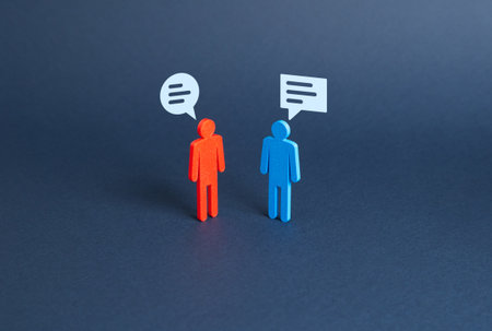 Two figures are having a conversation. Opponents and future partners, negotiation process, conflict...
