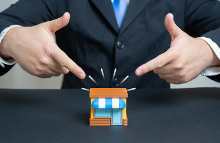 Businessman points to business. Open your own business. The best area of trade to start, exploring market opportunities and entrepreneurship growth.の写真素材