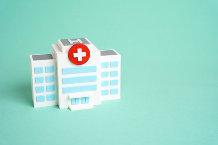 Hospital building and space for text. Medicine and health care, medical services, patient treatment, healthcare system, clinic infrastructure, hospital managementの写真素材