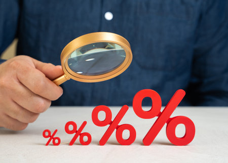 Interest growth. Rates and loans, banking policies, rising debt, credit burden, savings value, monetary regulation, financial riskの写真素材