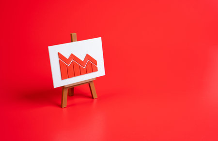 Falling chart on red background. Symbol of recession, stock market crash, and corporate risks....