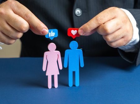 Young woman keeps young man in friend zone, concept. Unrequited love and boundaries of friendship....