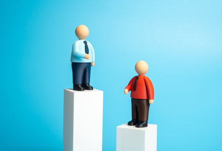Two office workers on pillars of different heights. They have different incomes, skill levels, and success. Competition and rivalry. Concept of inequality, , personal growth, leadership development.の写真素材