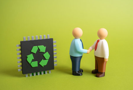 Businessmen are negotiating the implementation of new technologies to improve the environment and recycle waste. Electronics recycling. Concept of sustainable businessの写真素材
