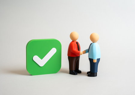 Two office workers shake hands and make an agreement in front of a check mark. Concept of successful negotiations, partnership, business approval, and teamwork. Symbol of agreementの写真素材