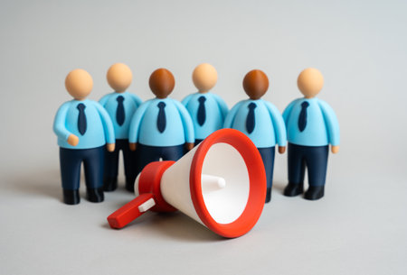 Office workers and a megaphone. Become part of a business team. Recruitment. Concept of HR communication, teamwork, motivation, and corporate culture.の写真素材