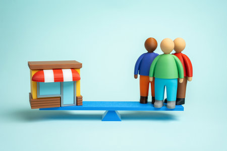 Store and customers on the scales. Supporting local businesses. Jobs, support for the local economy. Consumer behavior, market sustainability, and regional developmentの写真素材