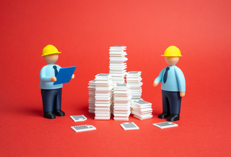 Builders and bureaucracy. Obtaining construction permits, environmental assessments, regulations. Administrative challenges, project approval. Urban development, architecture, regulatory policy.の写真素材