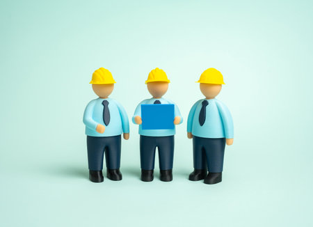 Builders in hard hats and with blue prints. Designers, builders and engineers. Concept of teamwork, professional collaboration, and construction industry standards.の写真素材