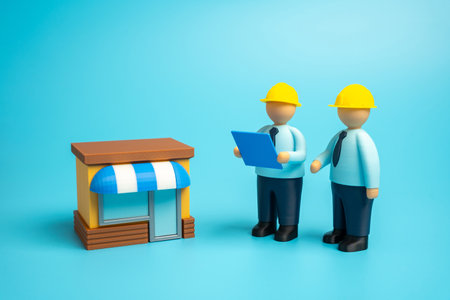 Builders built a store. Business construction. Expanding a retail outlet. Opening a business. Commercial real estate, entrepreneurship, retail growth, and small business development.の写真素材