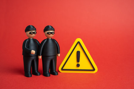 Attention crime is on the rise. Danger of robberies, theft, and espionage. Public safety, law enforcement, and security awareness. Cybercrime, personal safety, risk prevention strategies.の写真素材
