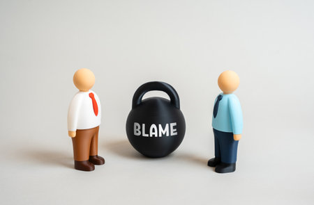 Employees arrive in conflict and blame each other. Reaching compromise and resolving confrontation. HR, psychology, workplace communication, and conflict resolution.の写真素材