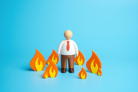 An office worker stands in the fire. A metaphor for looming deadlines, heavy workloads, and overtime. Burnout, pressure, and emotional exhaustion. Workplace stress and motivationの写真素材