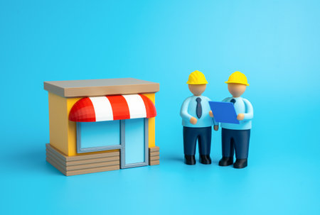 Construction workers with blue drawings stand near a newly built store. Commercial real estate construction. Renovation and renovation. Growth of business infrastructure and investment in developmentの写真素材