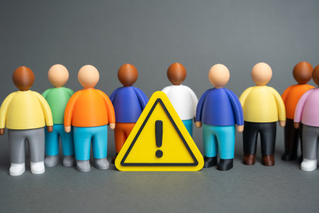 A crowd of people and a sign of attention. Social issues and topics of interest to society. Awareness, protest, and public communication. Politics, sociology, and media discussions.の写真素材