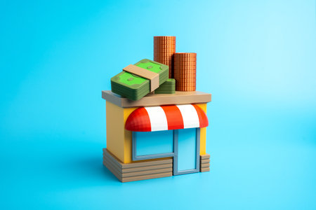 Store and money. Business profit. Working capital, cash flow. Concept of entrepreneurship, small business growth, and market stability. Finance, trade, and investment materials.の写真素材