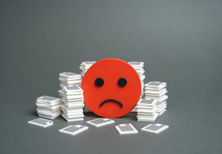 A sad smiley face and piles of documents and papers. High bureaucracy. Backlog of work. Office stress, paperwork overload, and inefficiency. Business management and HR themes.の写真素材