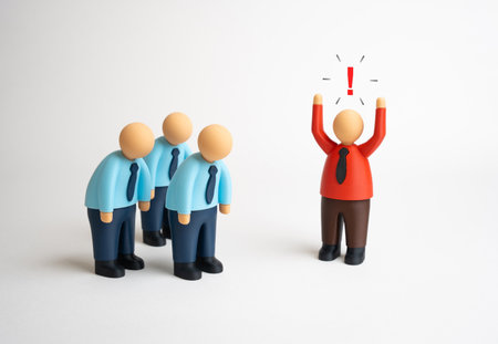 The boss expresses dissatisfaction with the team of employees. Failed deadlines, unsuccessful project. Toxic leadership, burnout in workplace. Ineffective management and employee motivation issues.の写真素材