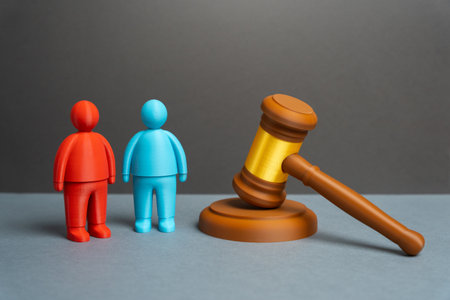 Two persons and a judge's gavel. A trial and two parties to a conflict. Resolving disputes and conflicts in court. Legal services, court proceedings, mediation, and law education materials.の写真素材