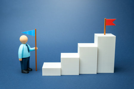 An office worker aims to conquer the top. Take the top and change the power. Ambition, leadership, and corporate growth. Career success, business competition. Achieving personal or professional goals.の写真素材