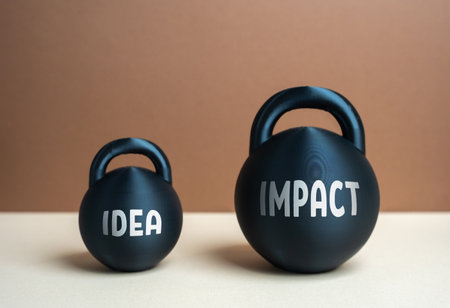 Two weights representing Idea and Impact. The influence of an idea on future events. Innovation, decision making, and consequences. Psychology, business strategy, and creativity topics.の写真素材