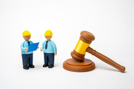 Judge's gavel and construction workers. Construction permit. Prohibitions and stoppage of work. Legal restrictions. The auction for the sale of land has been completed. Regulation in urban developmentの写真素材