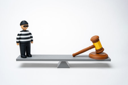 The criminal and the gavel of the judge on the scales. Sentencing in court for crimes. Consideration of appeals, reduction of conclusions. Review of the criminal case. Legal judgment, human rightsの写真素材
