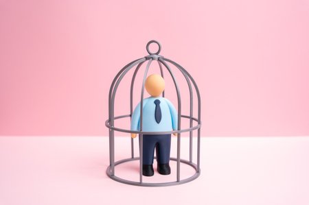 Office worker in a cage. Contractual obligations. NDA agreement. Restrictions and self-isolation from opportunities for growth and development. Limited freedom, and workplace pressure. Employment lawの写真素材